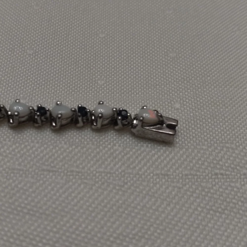 Sterling Silver Bracelet with Opals and Blue Rhinestones - Picture 9 of 14